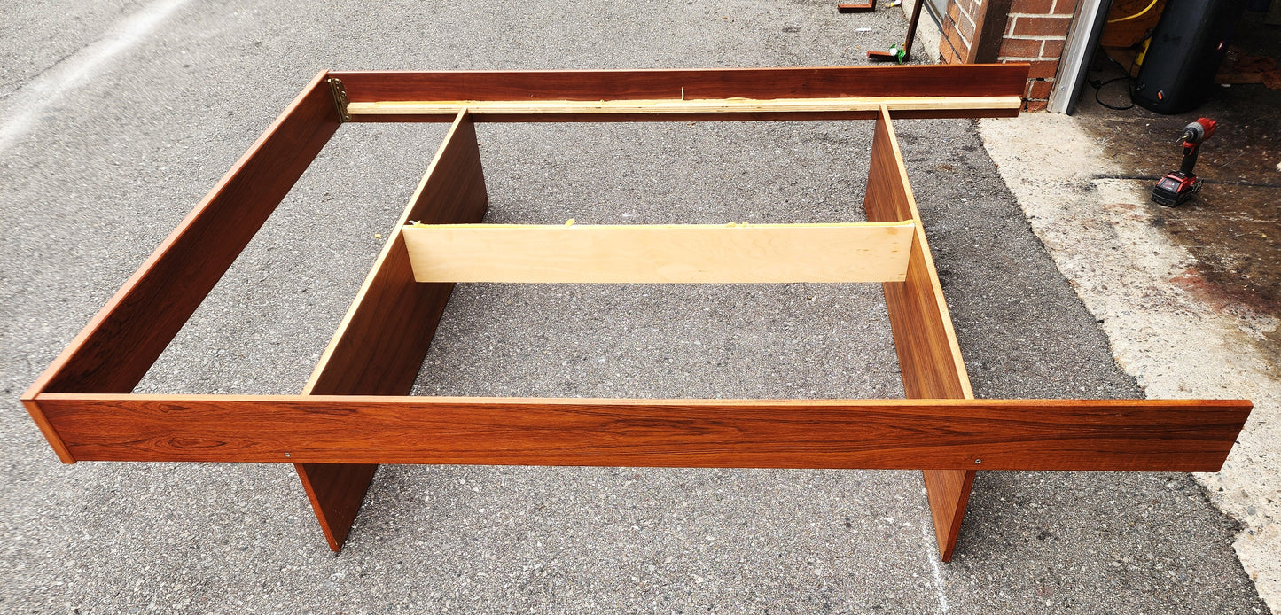 REFINISHED MCM Teak Queen Bed w Floating Nightstands & Storage Drawer