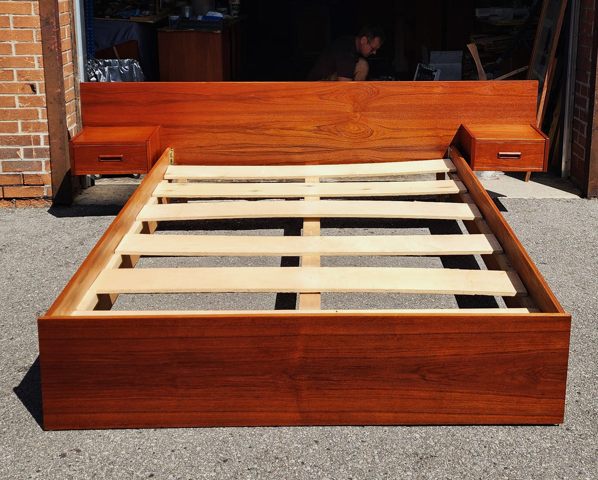 REFINISHED Mid Century Modern Teak Bed w Floating Nightstands Queen size