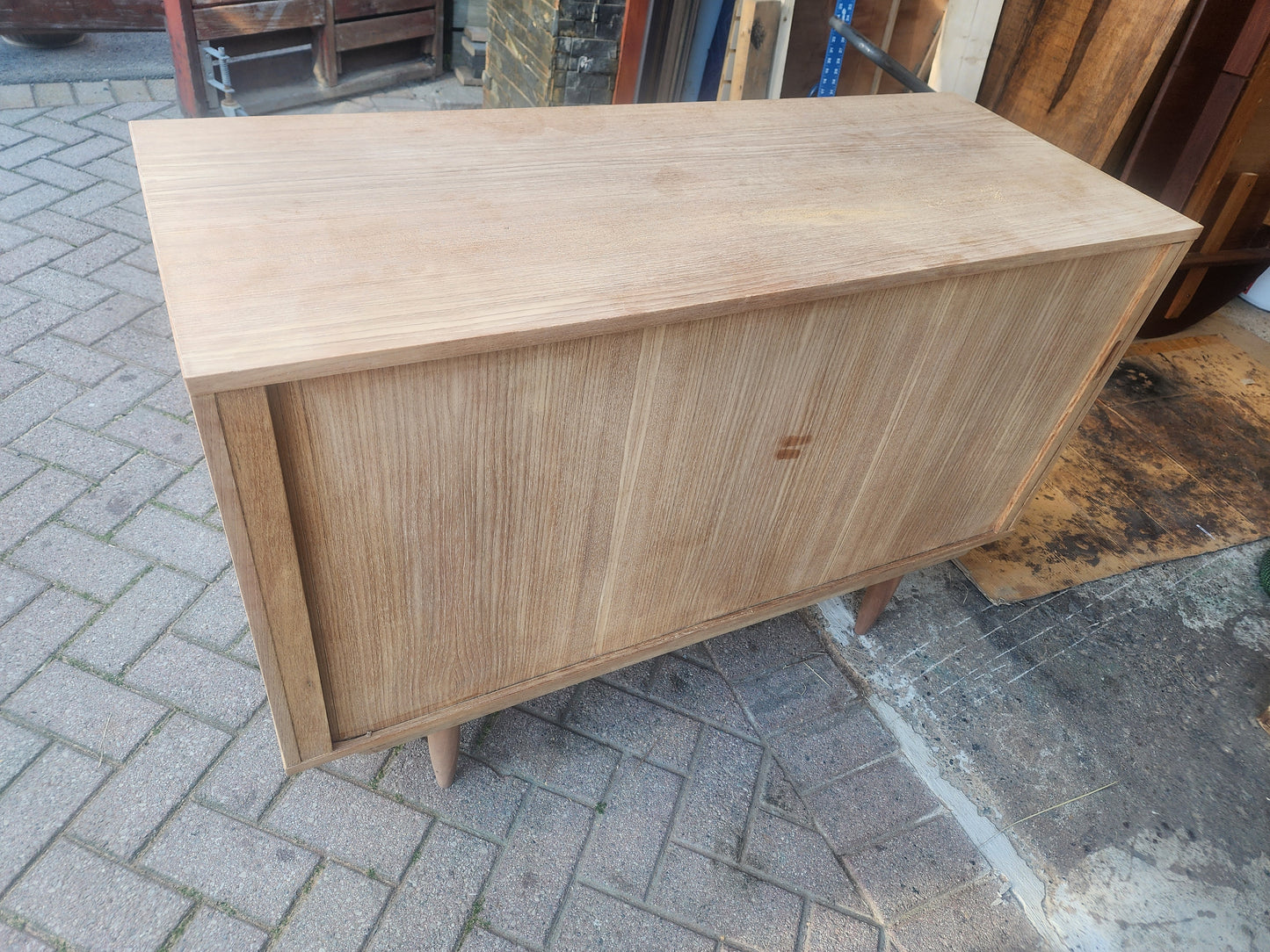 REFINISHED Danish Mid Century Modern Teak Record Tambour Cabinet 47"