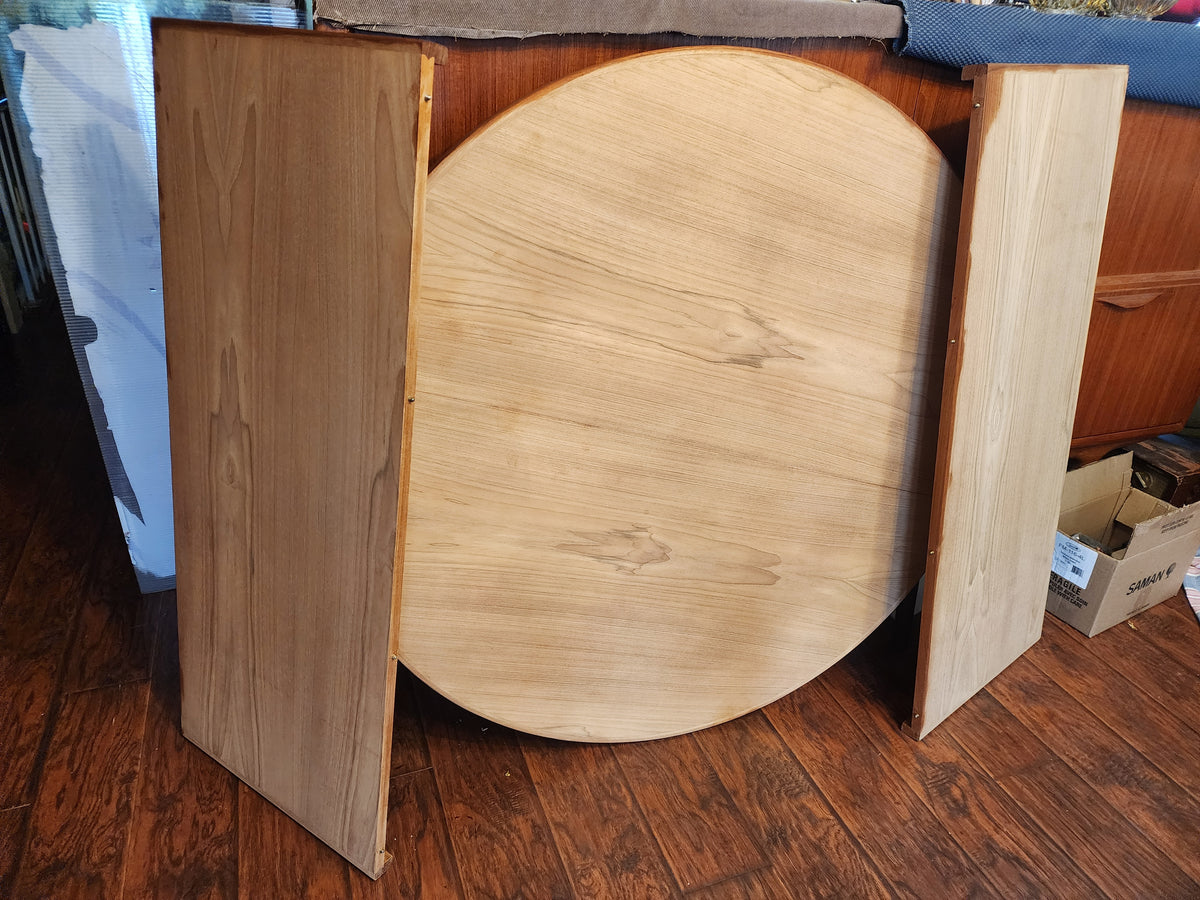 REFINISHED Danish MCM Teak Pedestal Table Round to Oval with 2 Leaves 47