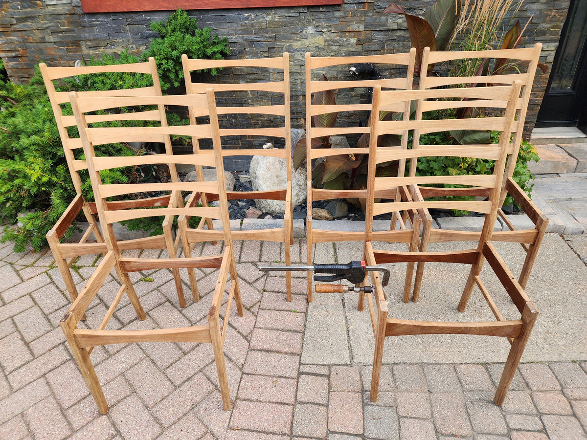 6 REFINISHED Danish MCM Teak Ladder-Back Chairs will be REUPHOLSTERED