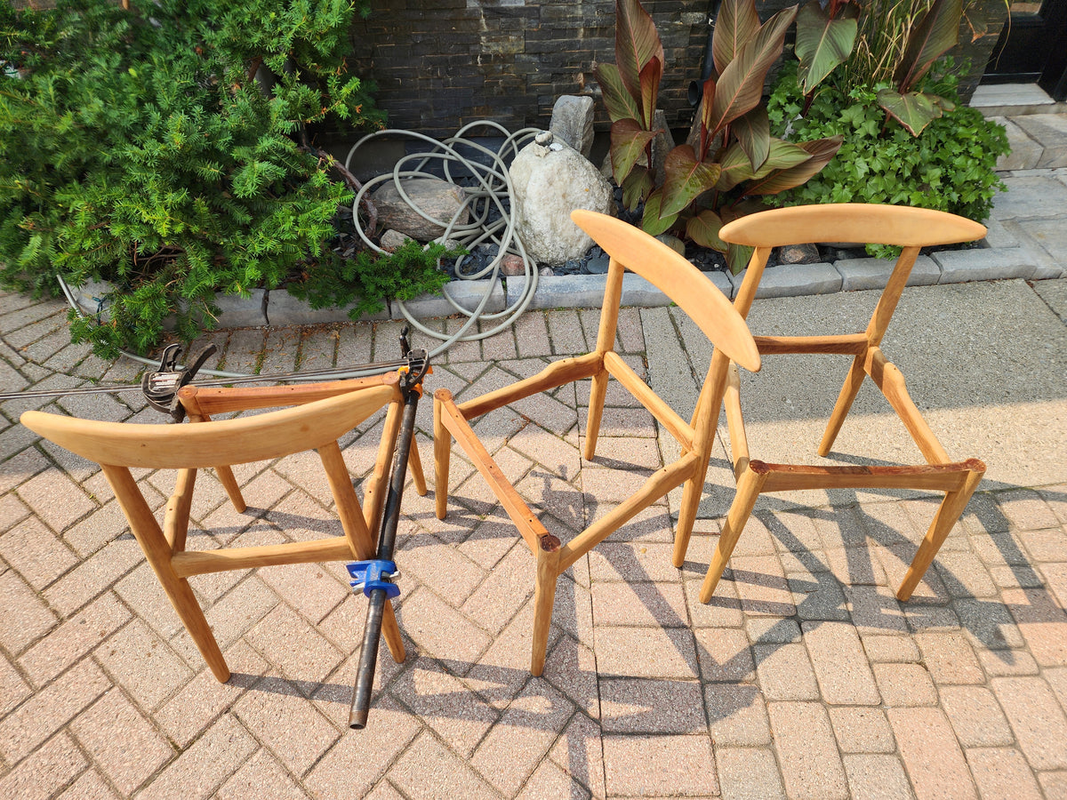 4 REFINISHED Danish MCM Teak Chairs by Arne Hovmand-Olsen for Mogens Kold, will be REUPHOLSTERED