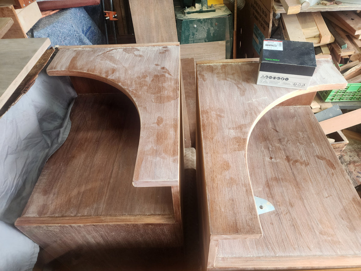 REFINISHED Mid Century Modern Teak King Bed w 2 Night Stands & Storage Drawers