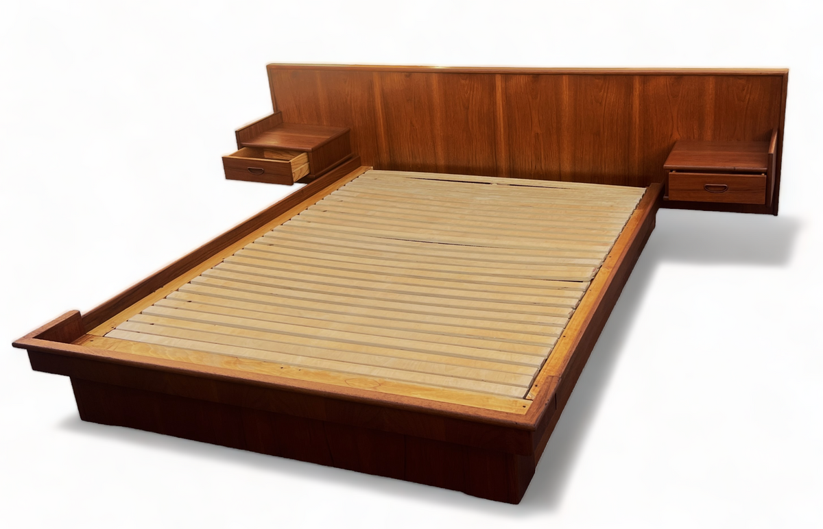 REFINISHED Mid Century Modern Teak Platform Bed Queen w Floating Nightstands