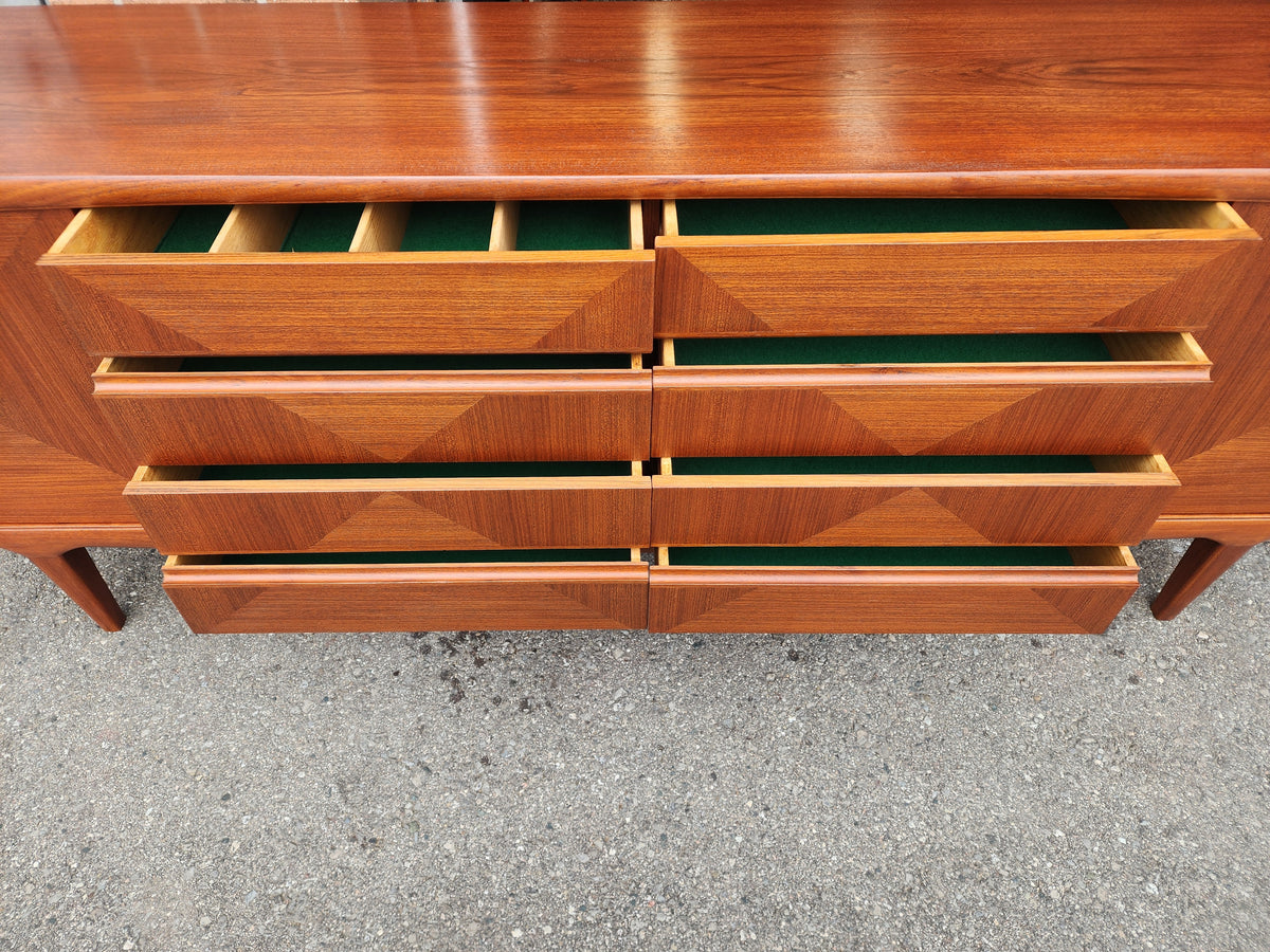 REFINISHED Mid Century Modern Teak Buffet w Geometrical Inlays & Lighting, 94