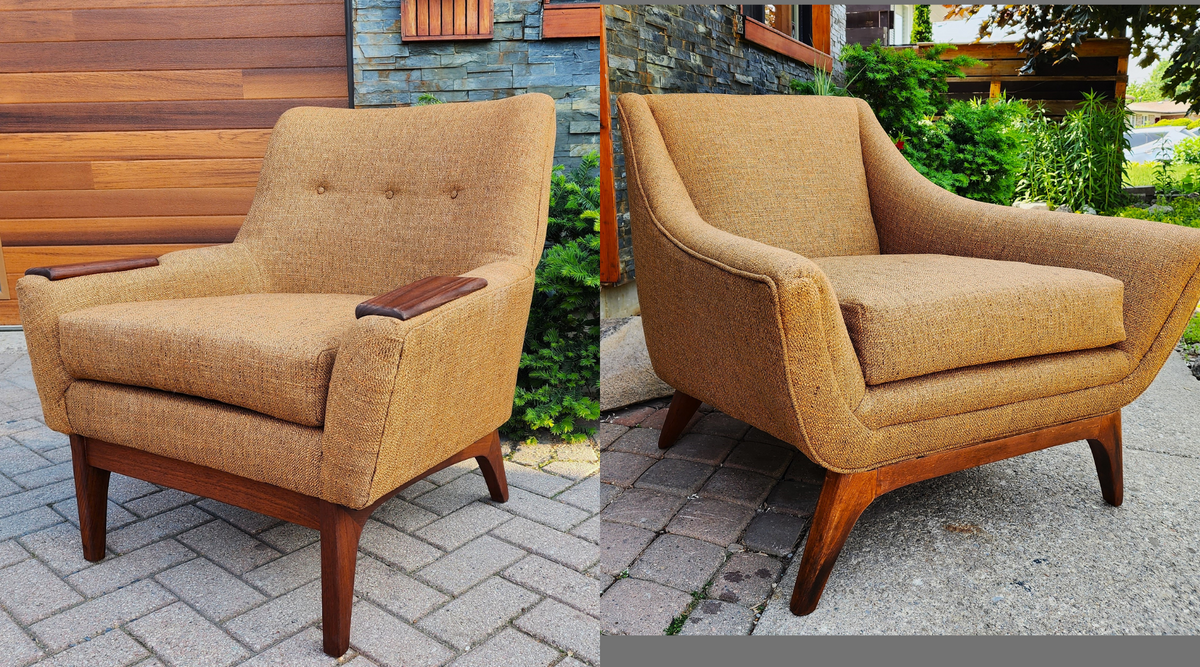 2 REFINISHED REUPHOLSTERED Mid Century Modern Armchairs & Ottoman