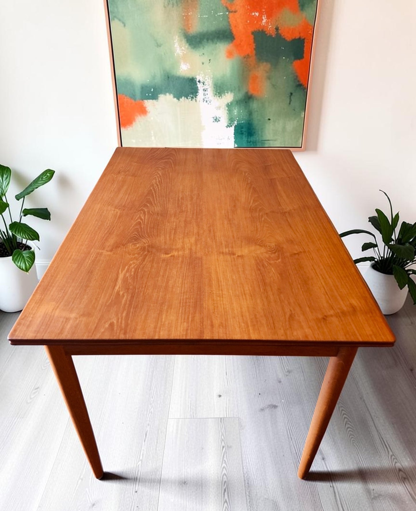 REFINISHED Danish Mid Century Modern Teak & Oak Table w 2 Leaves & 6 Chairs