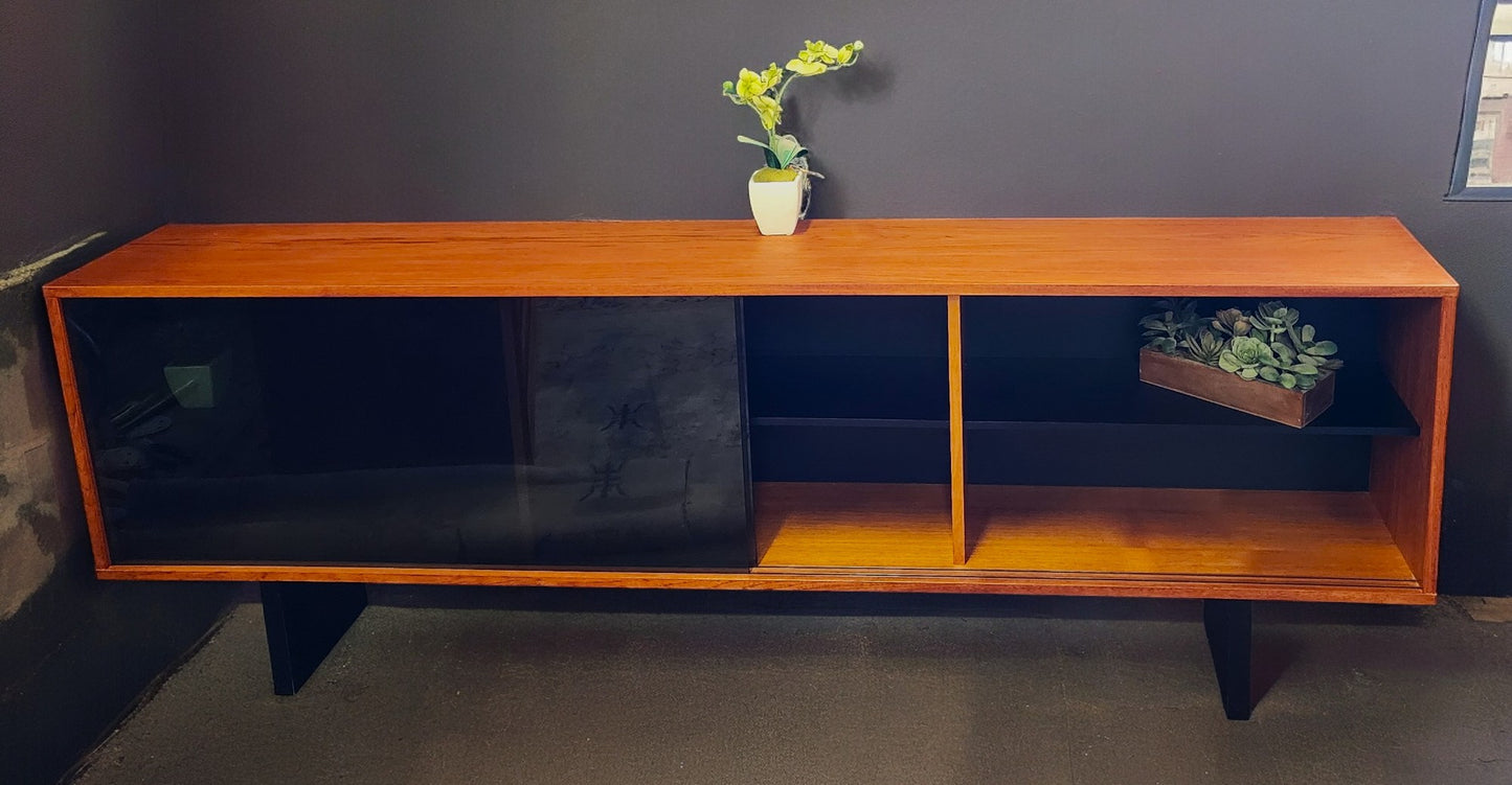 REFINISHED Mid Century Modern Teak & Black Bookcase TV Media Console 76.5"