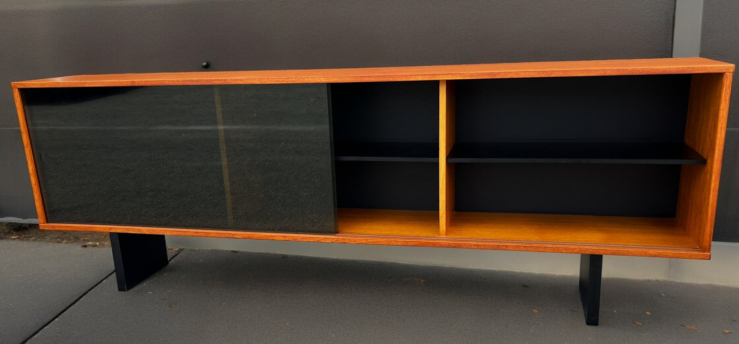 REFINISHED Mid Century Modern Teak & Black Bookcase TV Media Console 76.5"