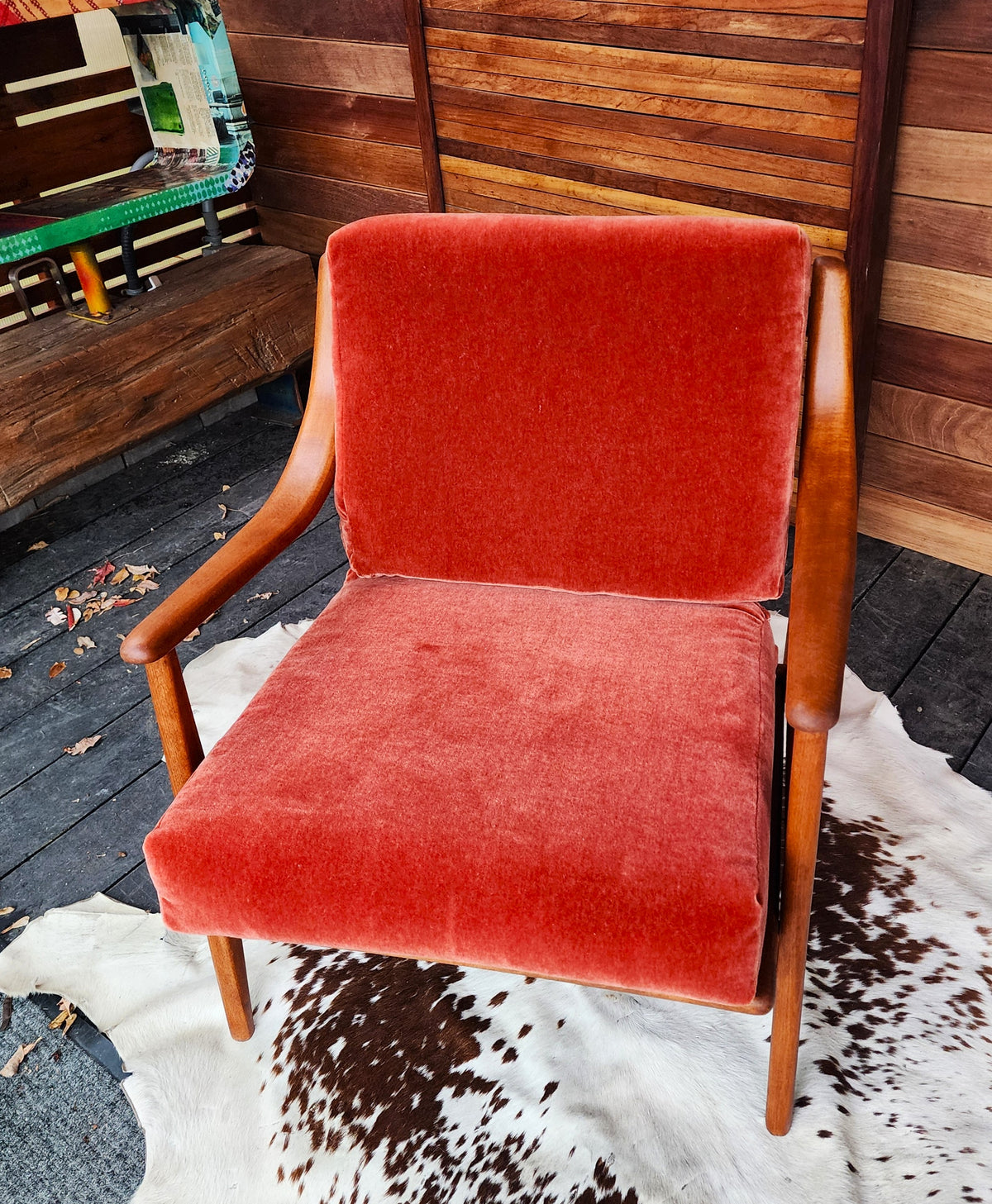 REFINISHED Italian Mid Century Modern Lounge Chair w Wool Mohair Cushions
