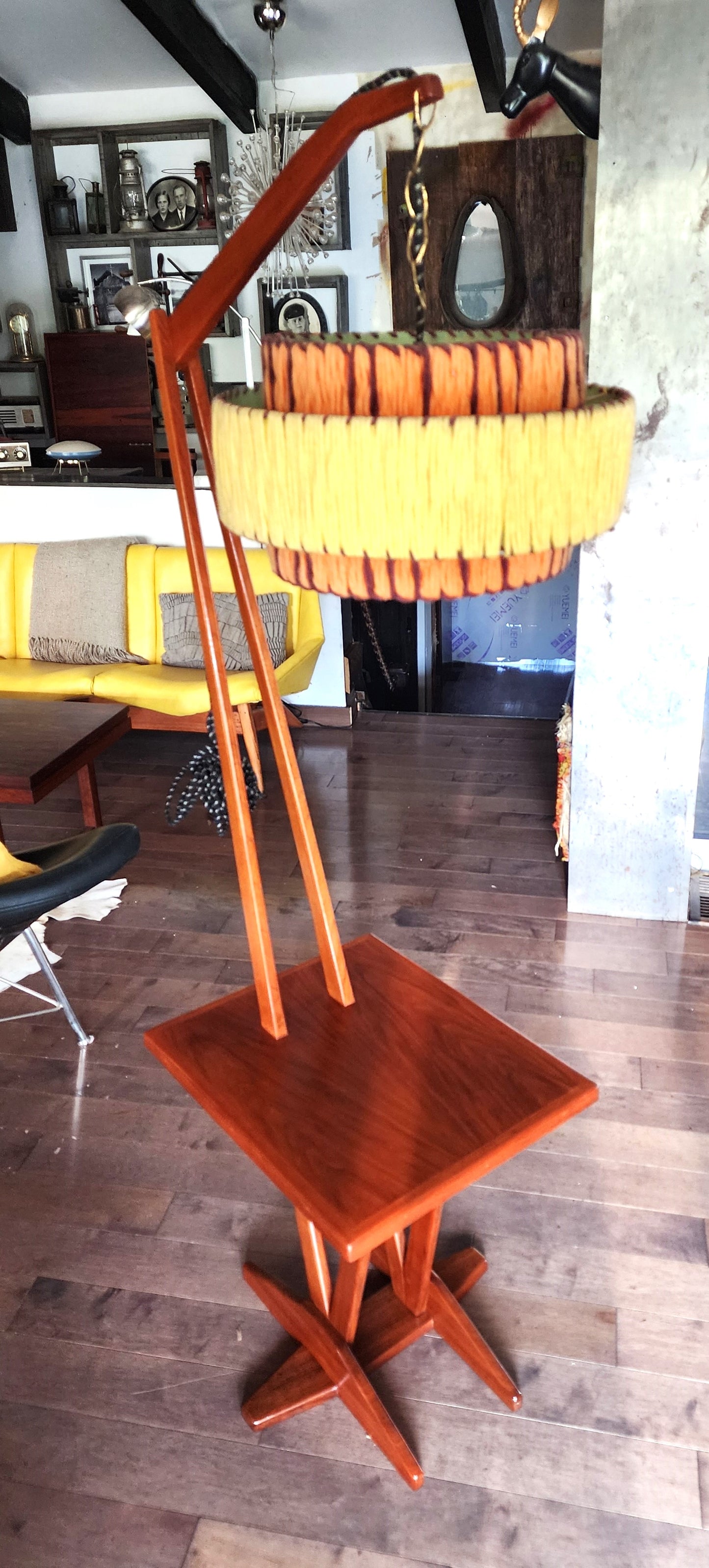 REFINISHED Mid Century Modern Teak Floor Lamp with Built in Table