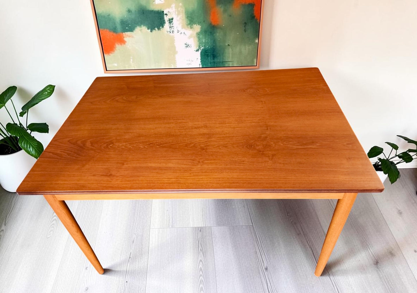 REFINISHED Danish Mid Century Modern Teak & Oak Table w 2 Leaves & 6 Chairs