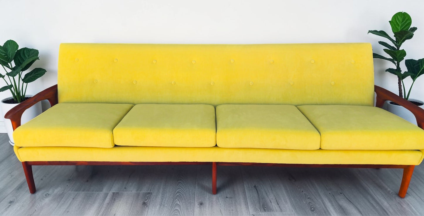 REFINISHED REUPHOLSTERED Mid Century Modern Teak 4-Seater Sofa by R.Huber