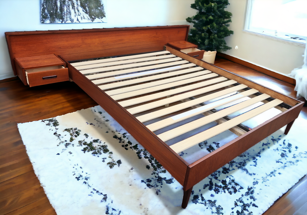 REFINISHED Mid Century Modern Teak Bed w Floating Nightstands Queen