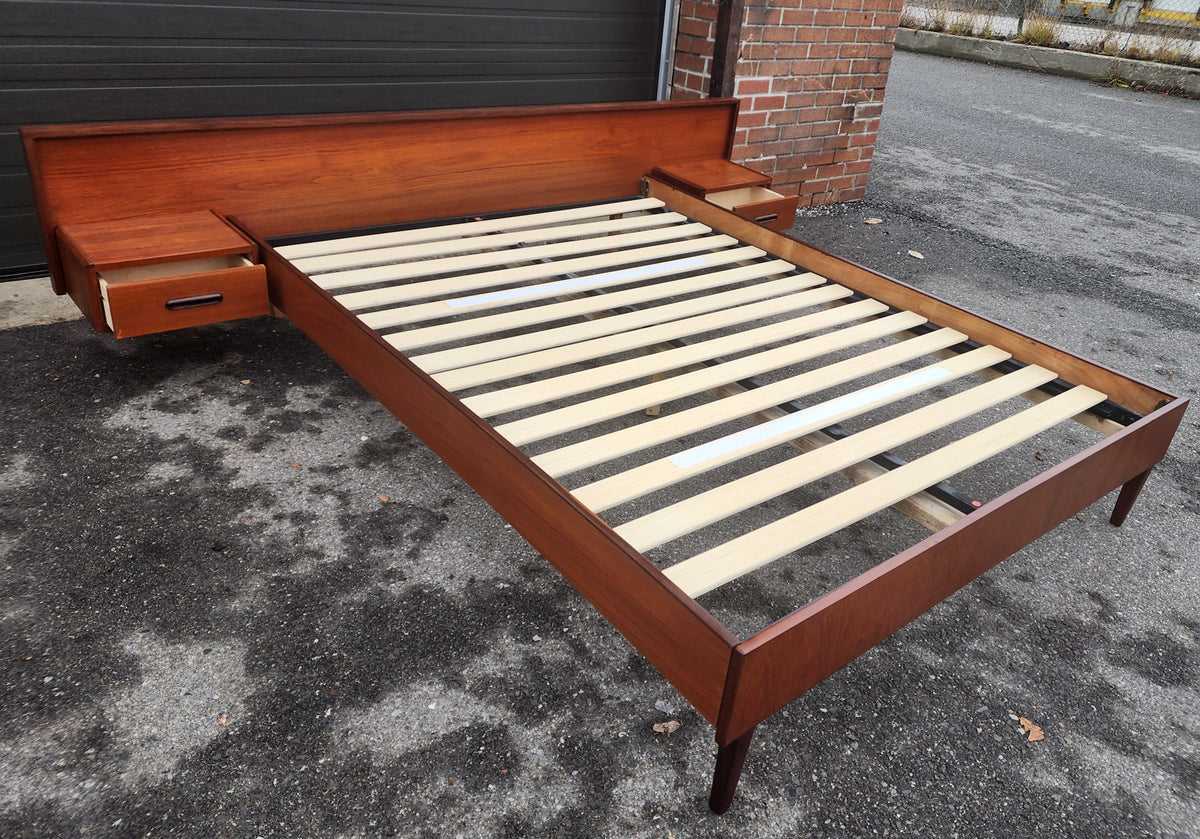 REFINISHED Mid Century Modern Teak Bed w Floating Nightstands Queen