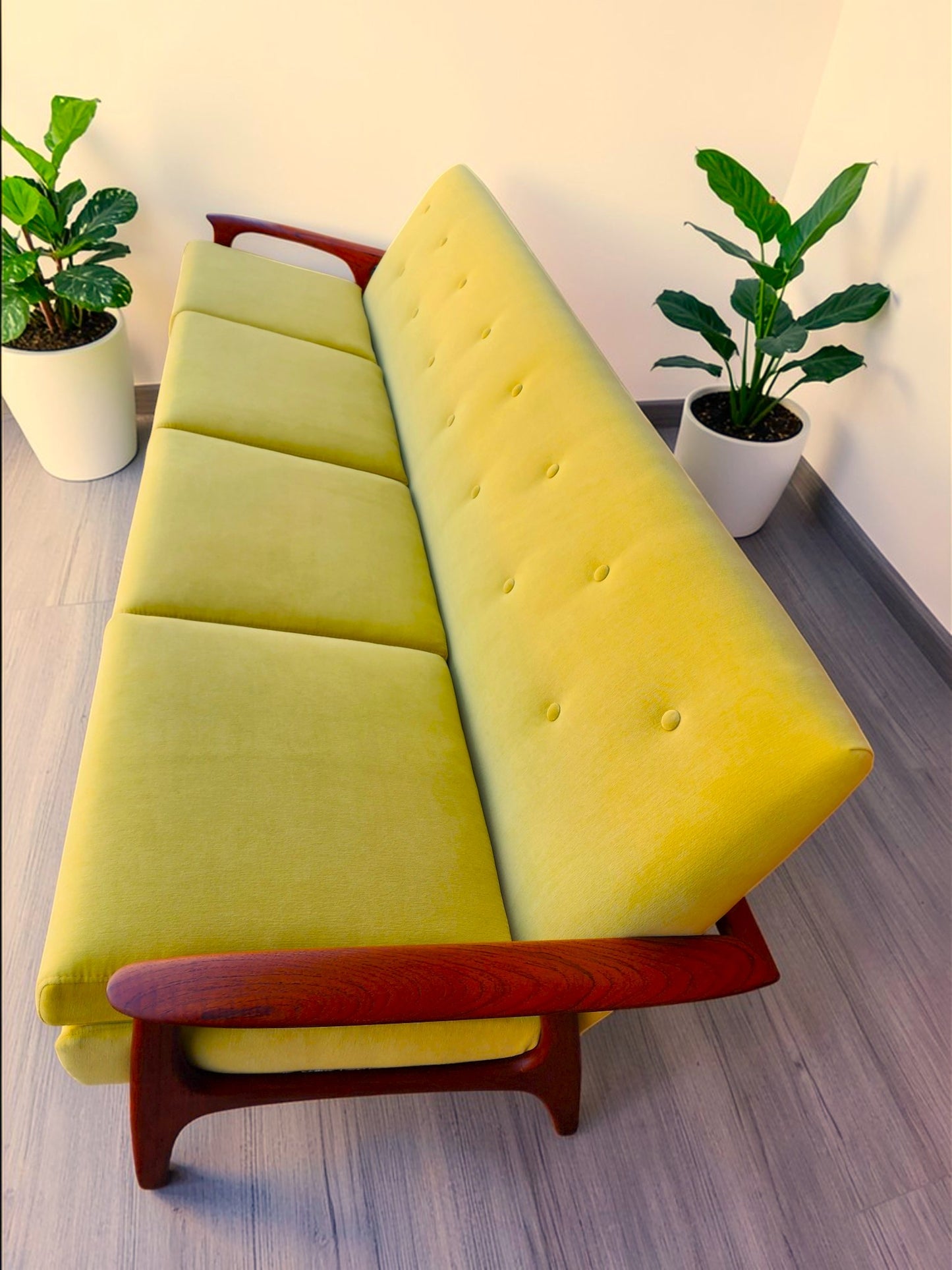 REFINISHED REUPHOLSTERED Mid Century Modern Teak 4-Seater Sofa by R.Huber