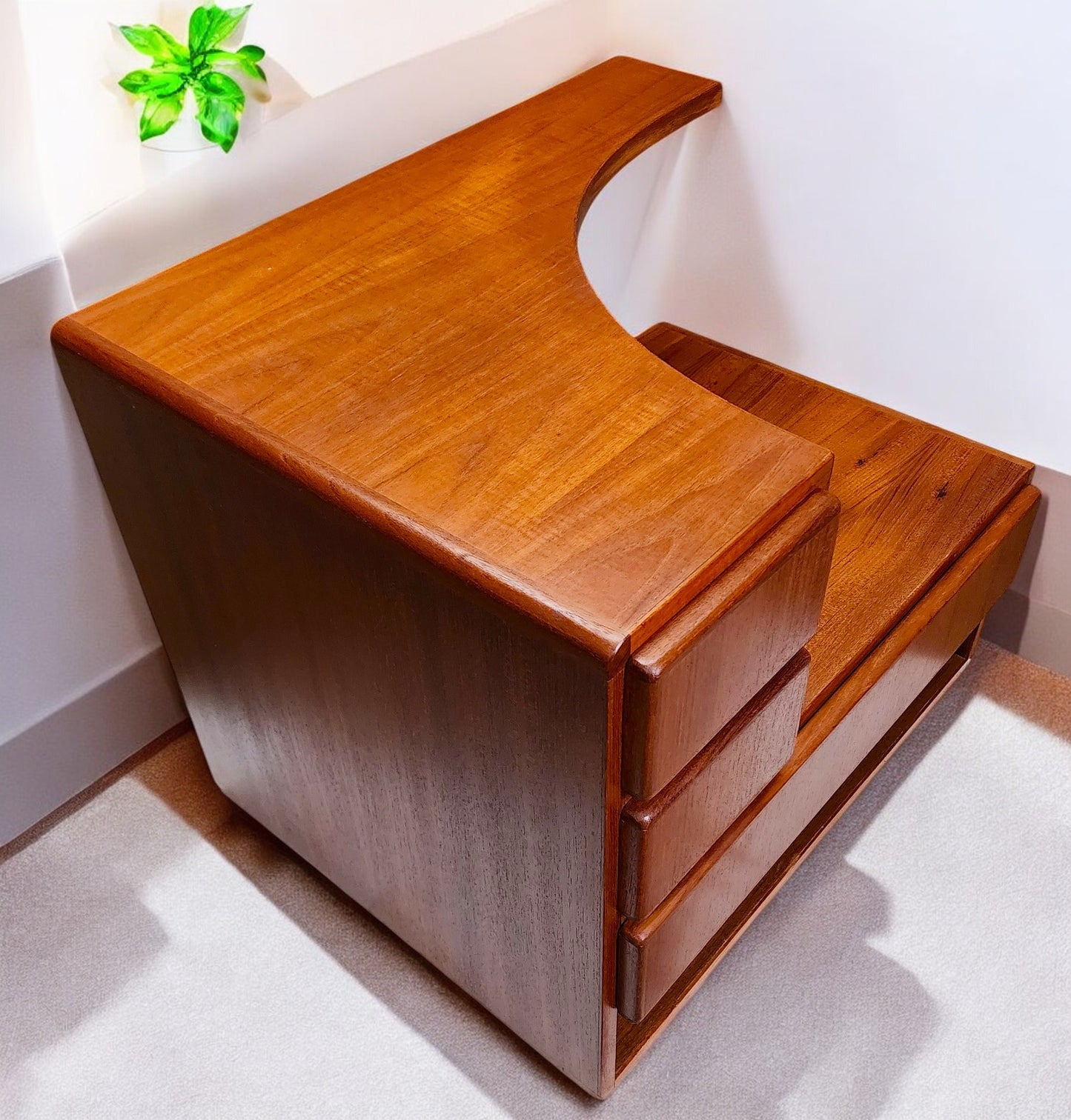 REFINISHED Danish MCM Teak Bed w Floating Nightstands Queen by Komfort