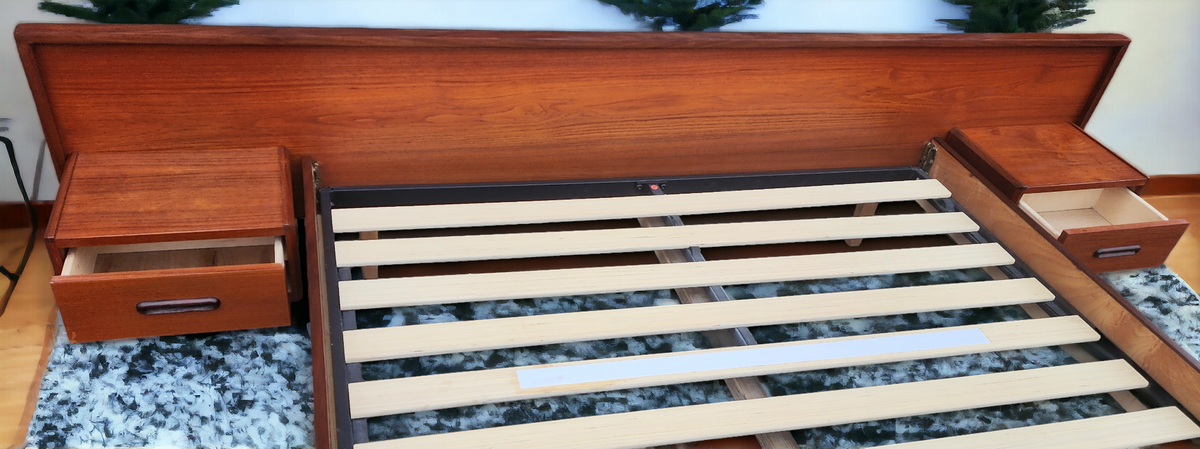 REFINISHED Mid Century Modern Teak Bed w Floating Nightstands Queen