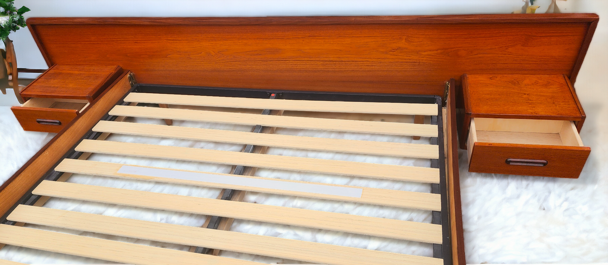 REFINISHED Mid Century Modern Teak Bed w Floating Nightstands Queen