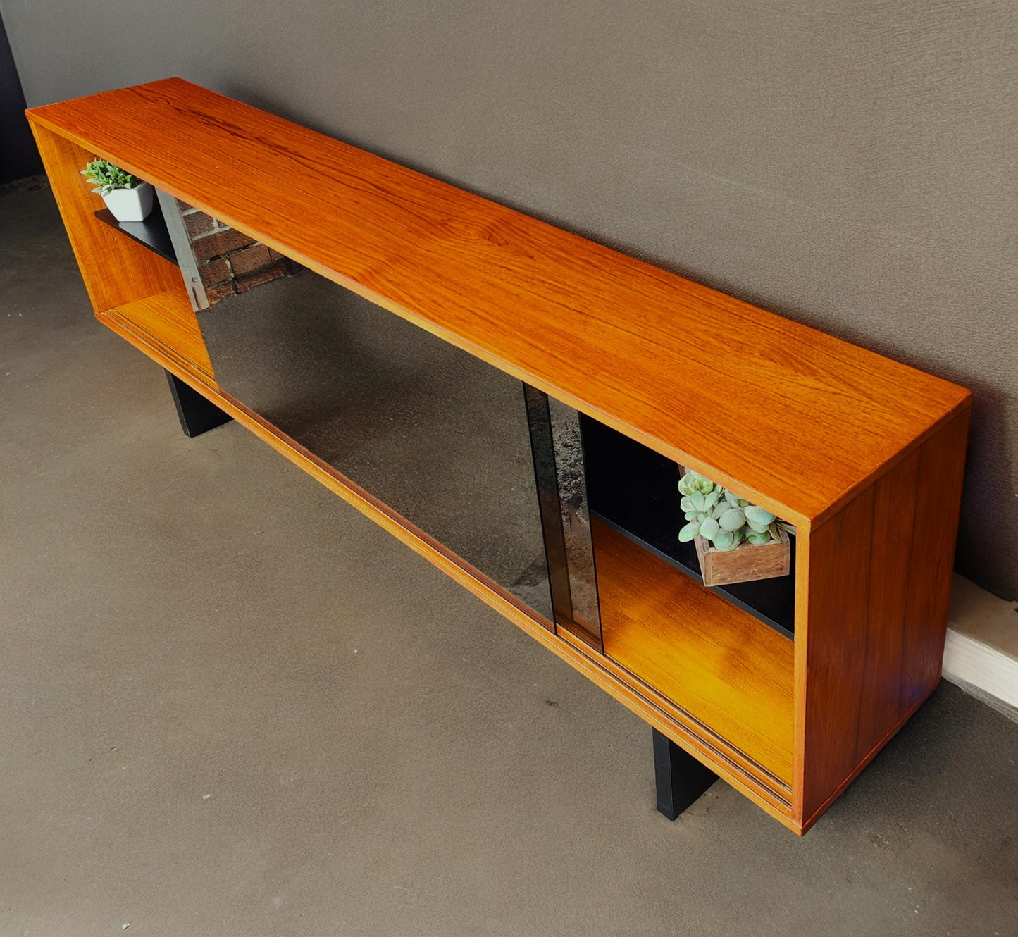 REFINISHED Mid Century Modern Teak & Black Bookcase TV Media Console 76.5"