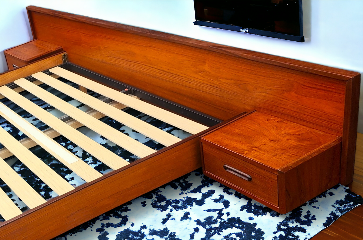 REFINISHED Mid Century Modern Teak Bed w Floating Nightstands Queen