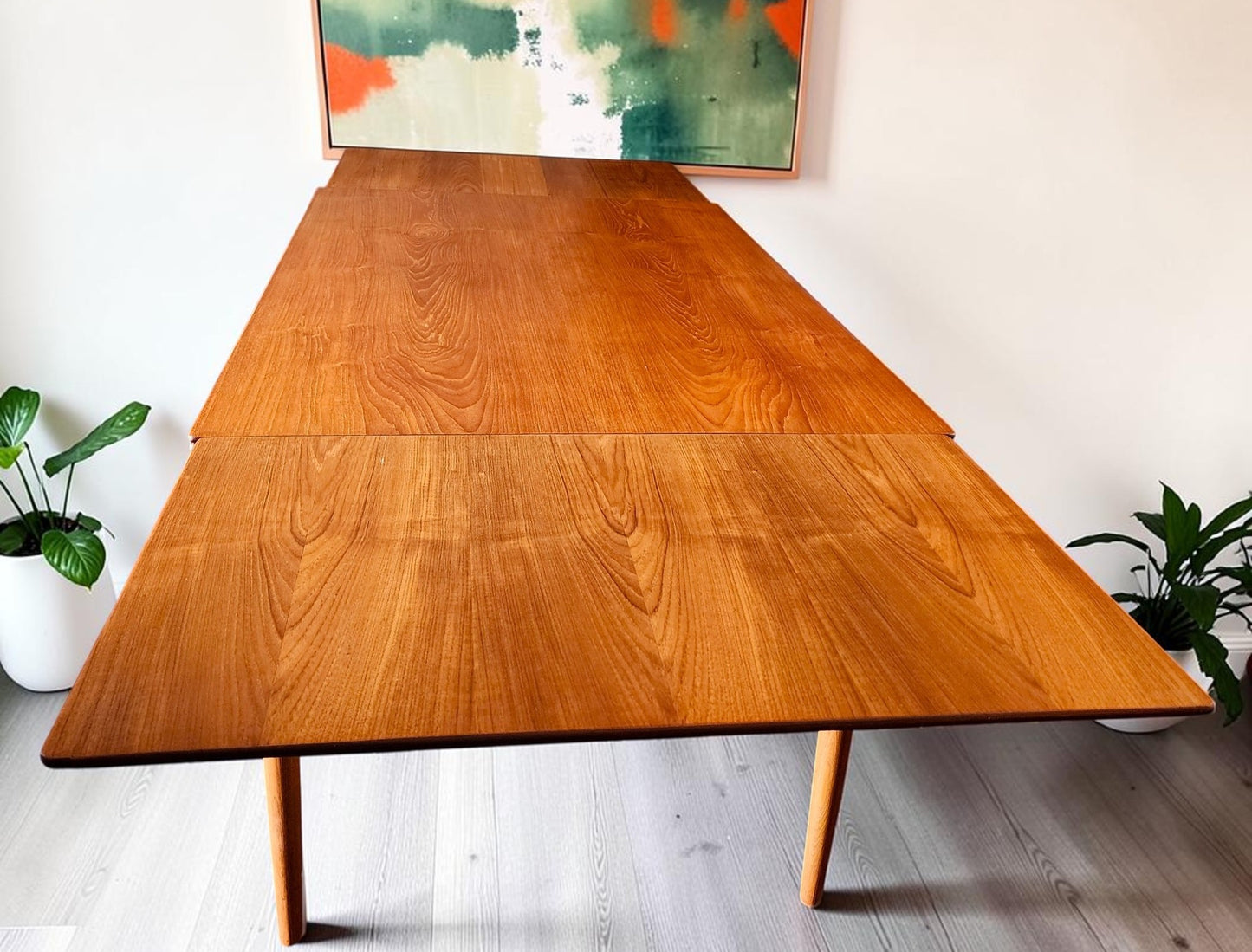 REFINISHED Danish Mid Century Modern Teak & Oak Table w 2 Leaves & 6 Chairs