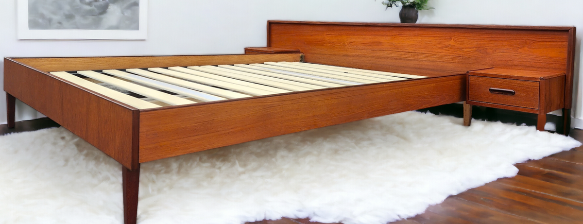 REFINISHED Mid Century Modern Teak Bed w Floating Nightstands Queen