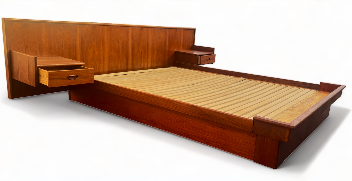 REFINISHED Mid Century Modern Teak Platform Bed Queen w Floating Nightstands