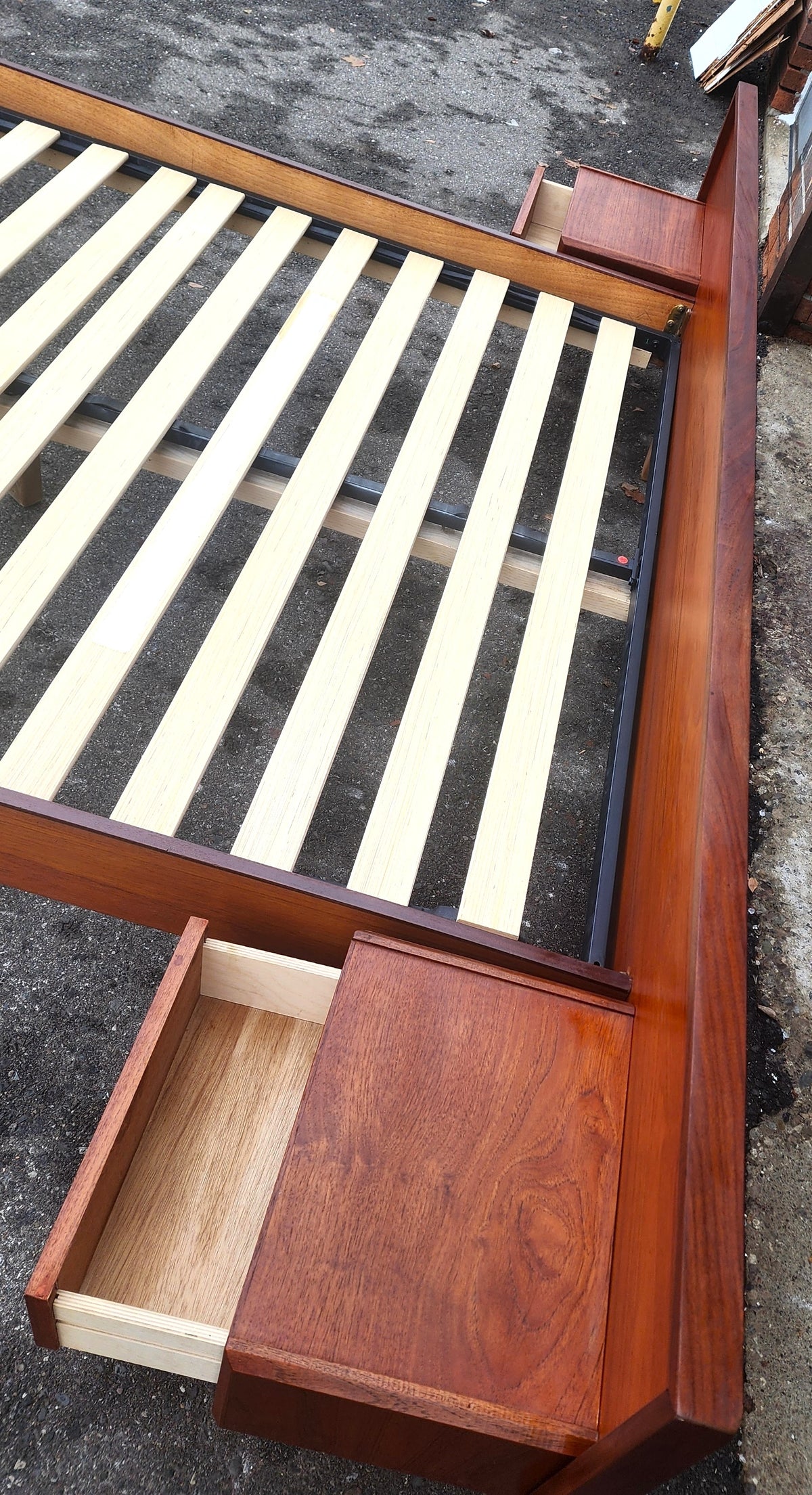 REFINISHED Mid Century Modern Teak Bed w Floating Nightstands Queen