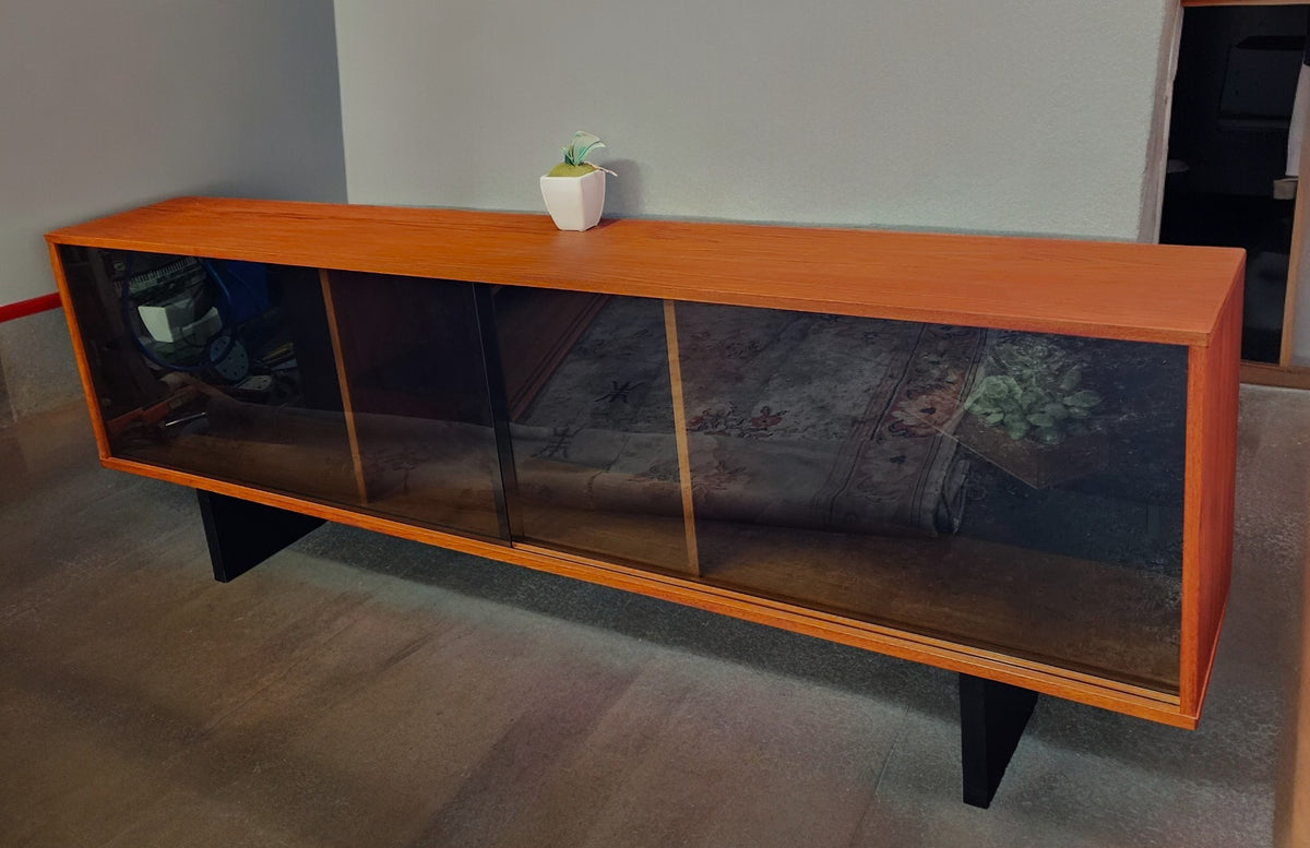 REFINISHED Mid Century Modern Teak & Black Bookcase TV Media Console 76.5