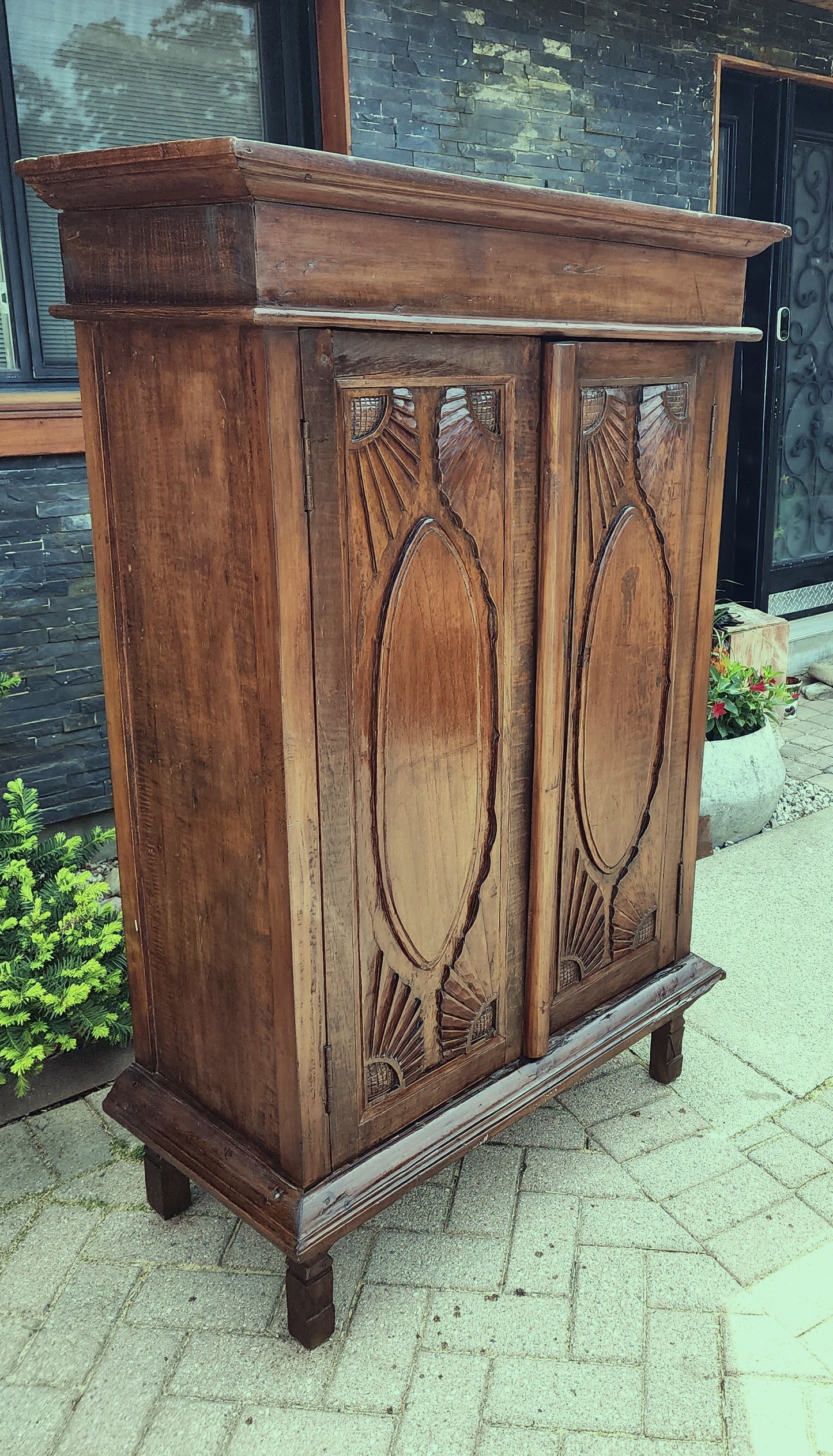 Antique Indian Teak Armoire Hand Carved, compact