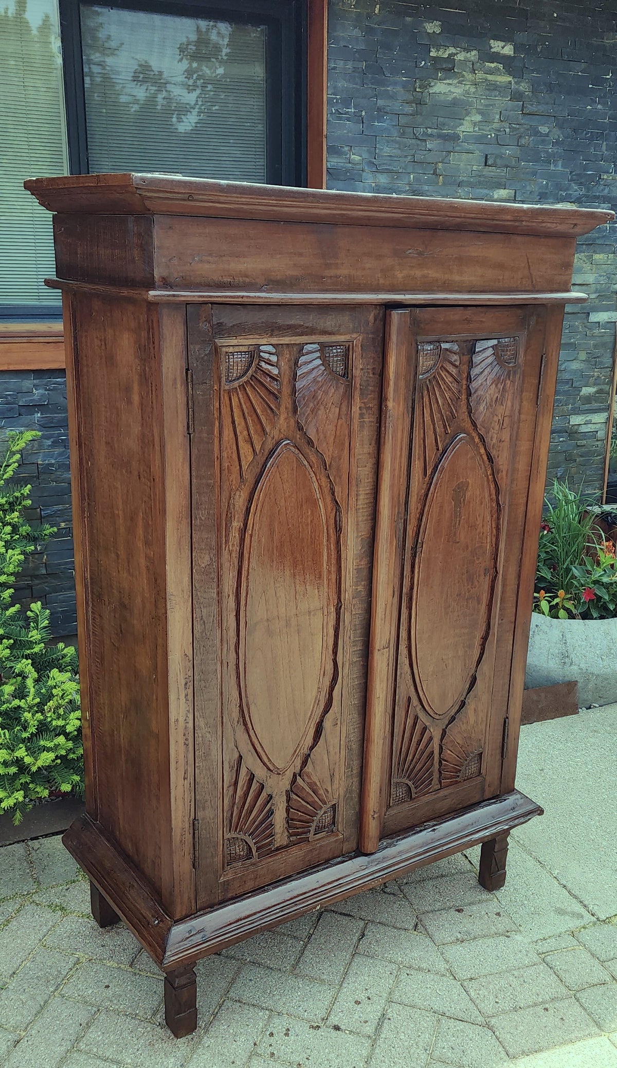 Antique Indian Teak Armoire Hand Carved, compact