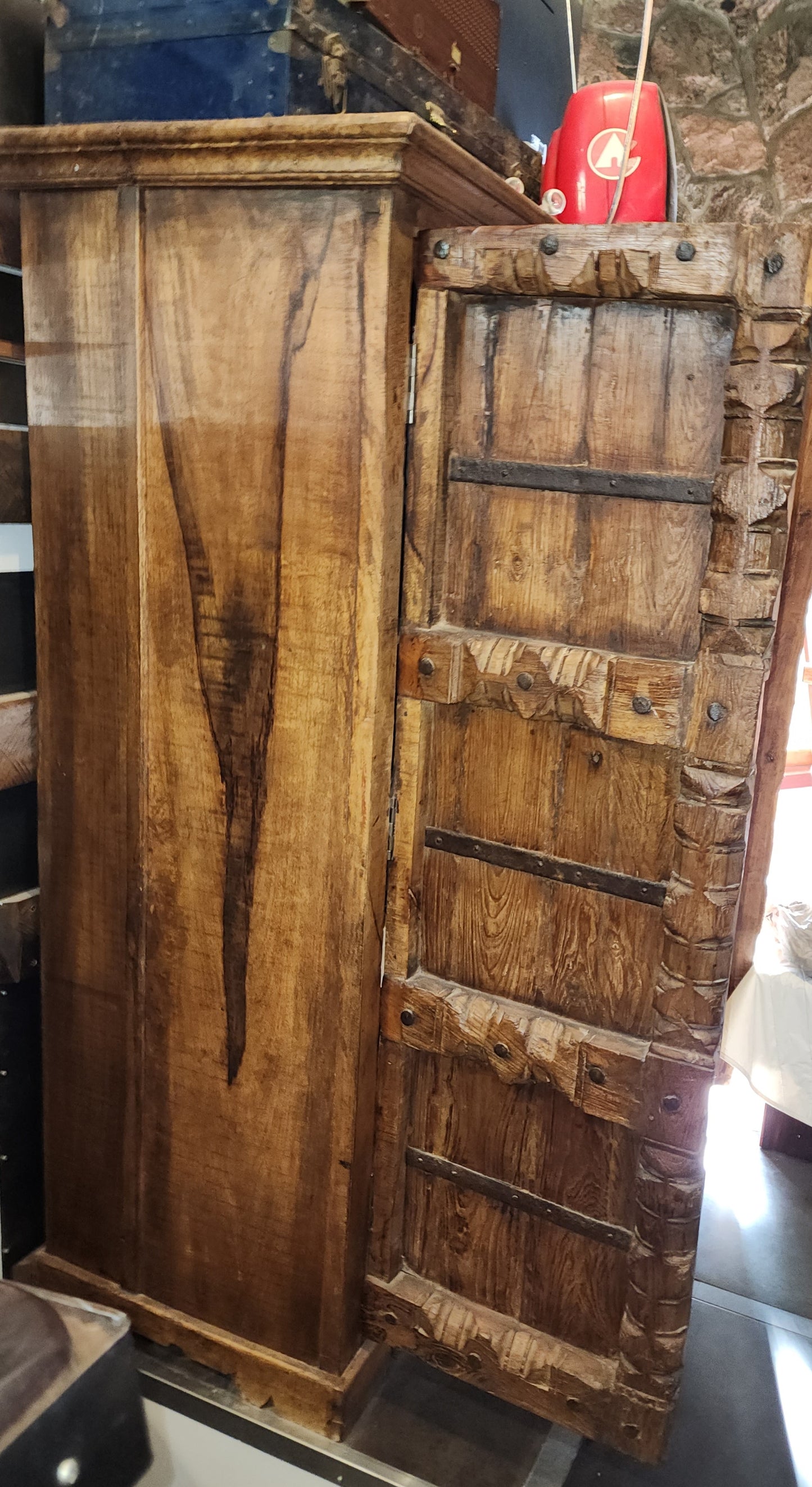 Indian 19th Century Gujarat Teak Armoire with Iron Braces and Carved Columns