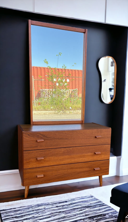 REFINISHED Danish Mid Century Modern Teak Cabinet with Drawers & Mirror