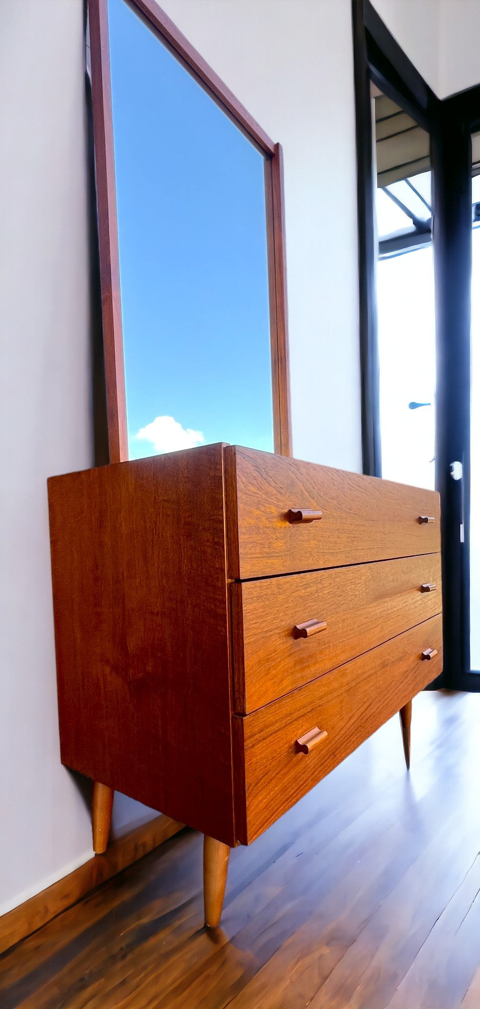 REFINISHED Danish Mid Century Modern Teak Cabinet with Drawers & Mirror