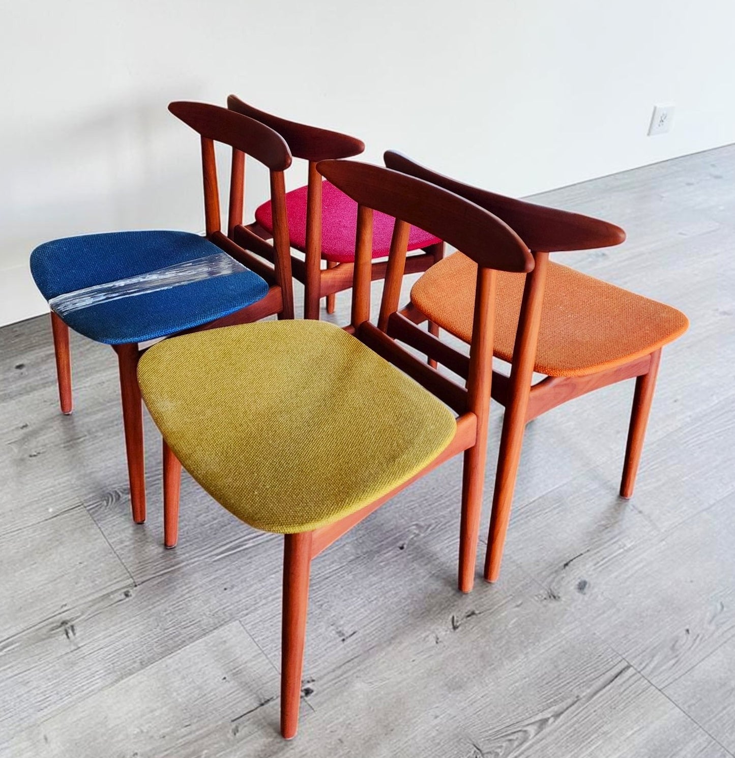 4 REFINISHED Danish MCM Teak Chairs by Arne Hovmand-Olsen for Mogens Kold, will be REUPHOLSTERED