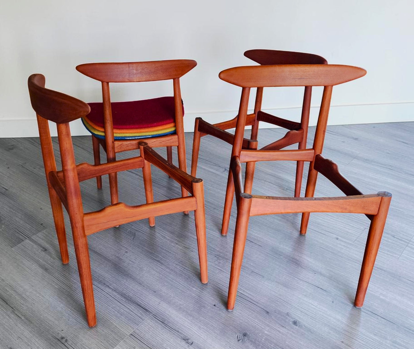 4 REFINISHED Danish MCM Teak Chairs by Arne Hovmand-Olsen for Mogens Kold, will be REUPHOLSTERED