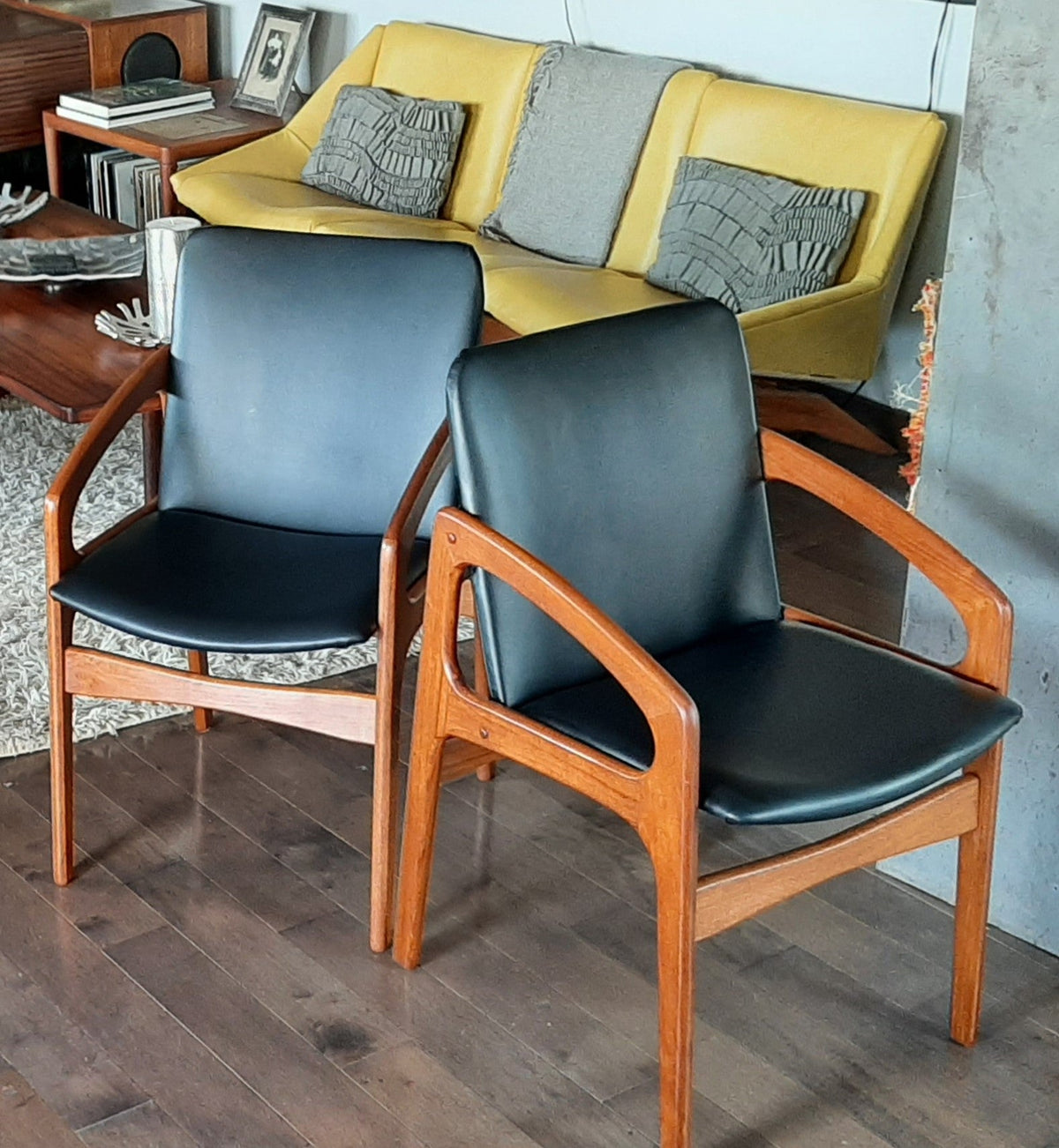 Choose Fabric!***2 REFINISHED Danish Mid Century Modern Teak Angled Armchairs