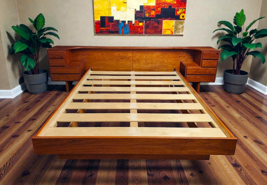 REFINISHED Danish MCM Teak Bed w Nightstands Queen by Komfort