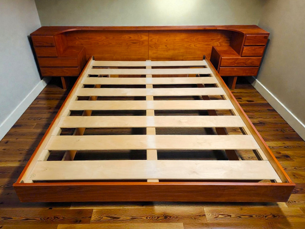 REFINISHED Danish MCM Teak Bed w Nightstands Queen by Komfort