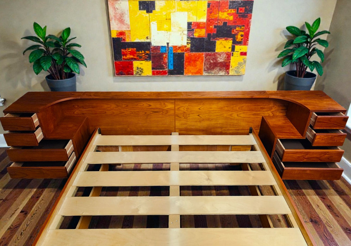 REFINISHED Danish MCM Teak Bed w Nightstands Queen by Komfort