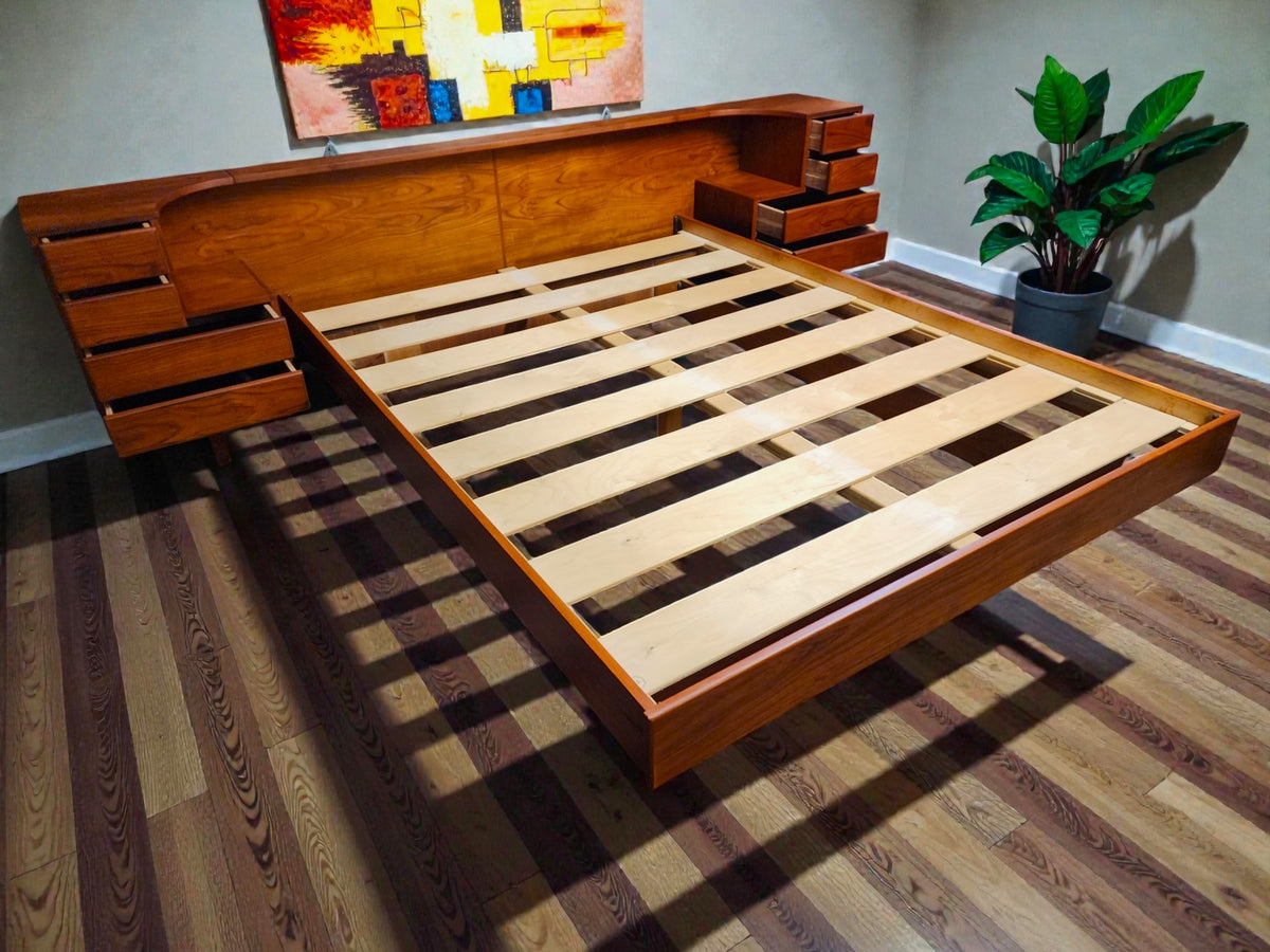 REFINISHED Danish MCM Teak Bed w Nightstands Queen by Komfort