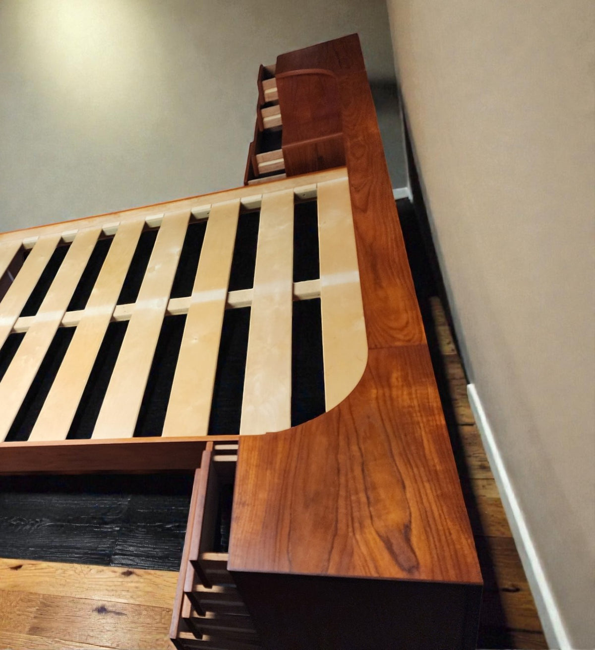 REFINISHED Danish MCM Teak Bed w Nightstands Queen by Komfort