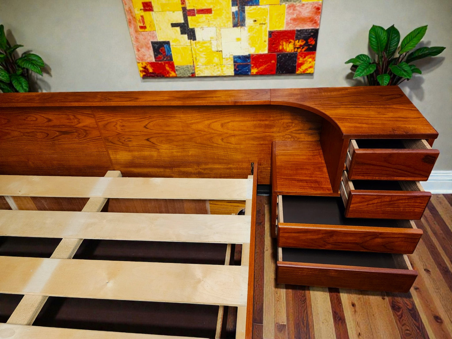REFINISHED Danish MCM Teak Bed w Nightstands Queen by Komfort