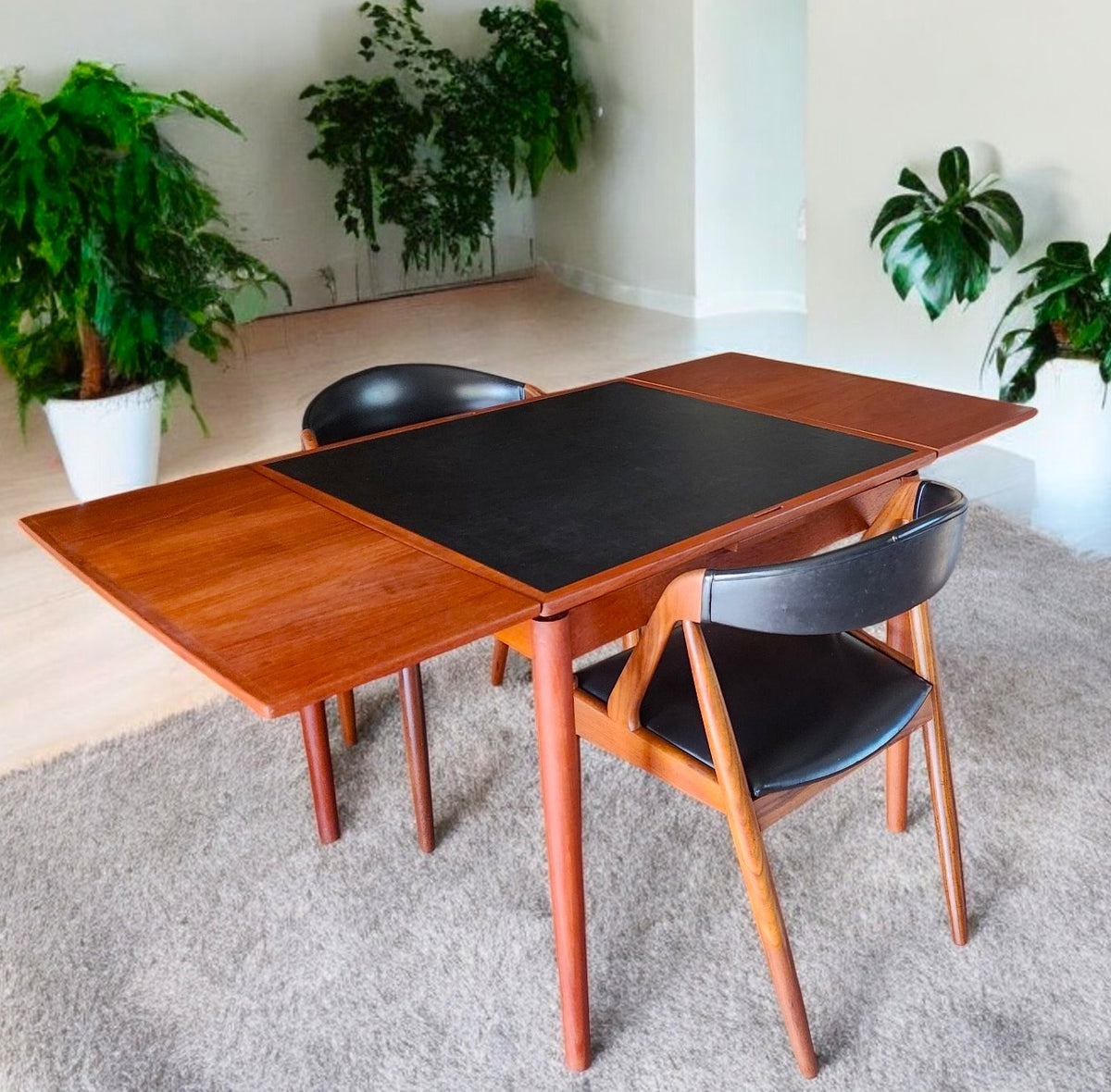 REFINISHED Danish MCM Teak & Black Extendable Games or Dining Table by Poul Hundevad
