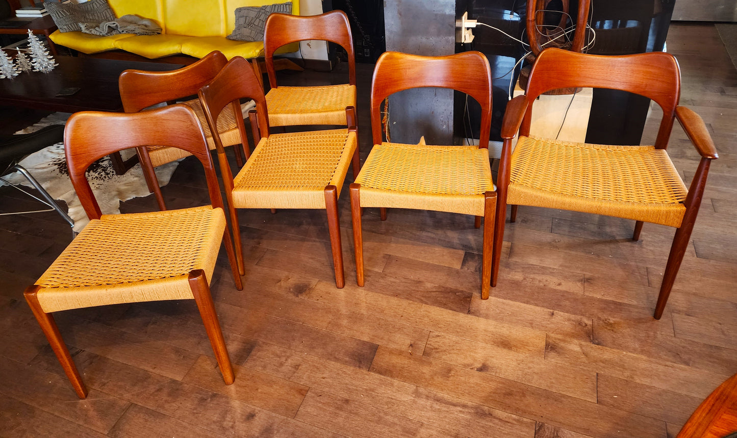 6 RESTORED Danish Mid Century Modern Teak & Papercord Chairs by A.H. Olsen for M.Kold