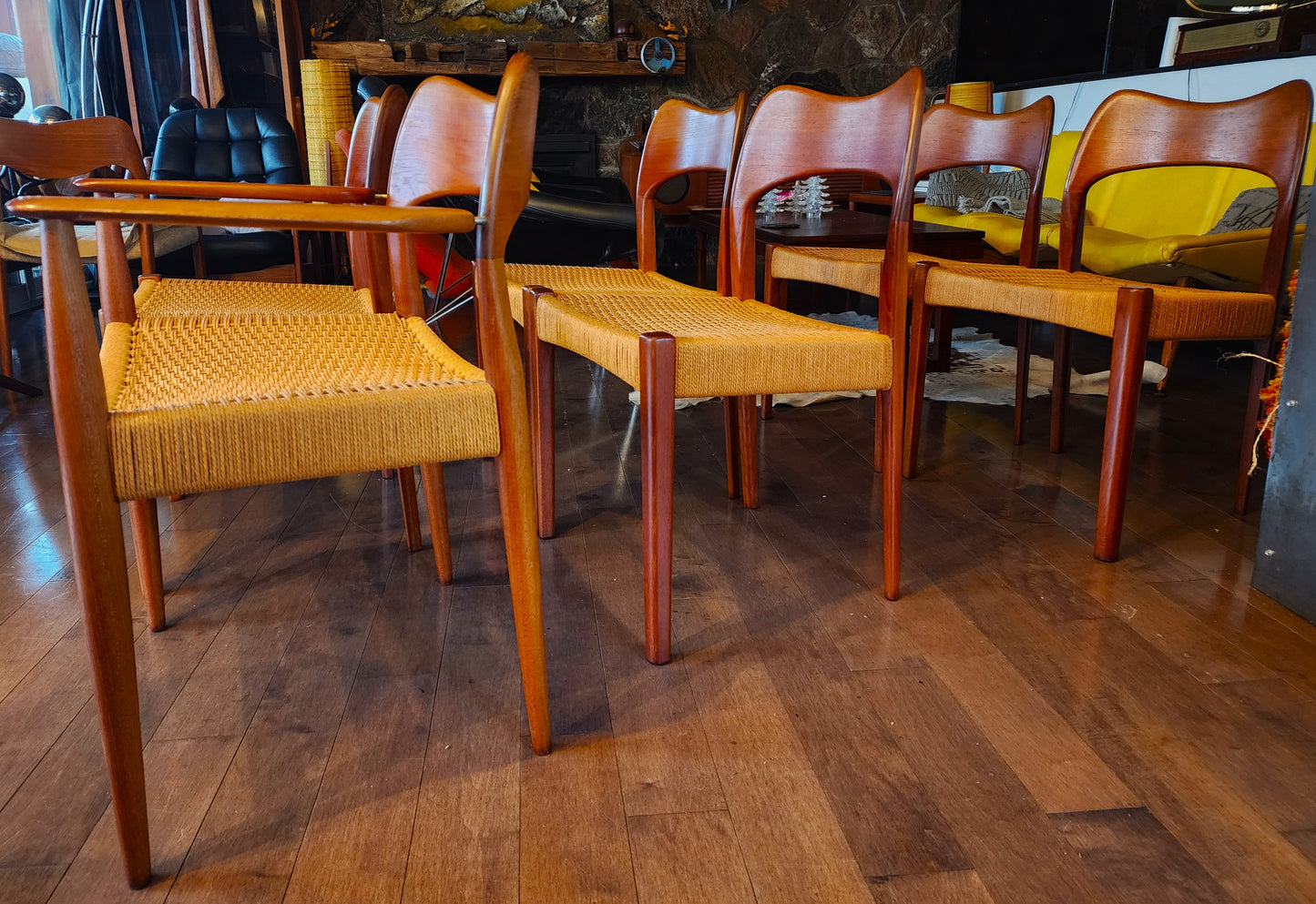 6 RESTORED Danish Mid Century Modern Teak & Papercord Chairs by A.H. Olsen for M.Kold