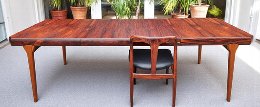REFINISHED Danish Mid Century Modern Rio Rosewood Table 2 Leaves Selfstoring 59"-98.5"