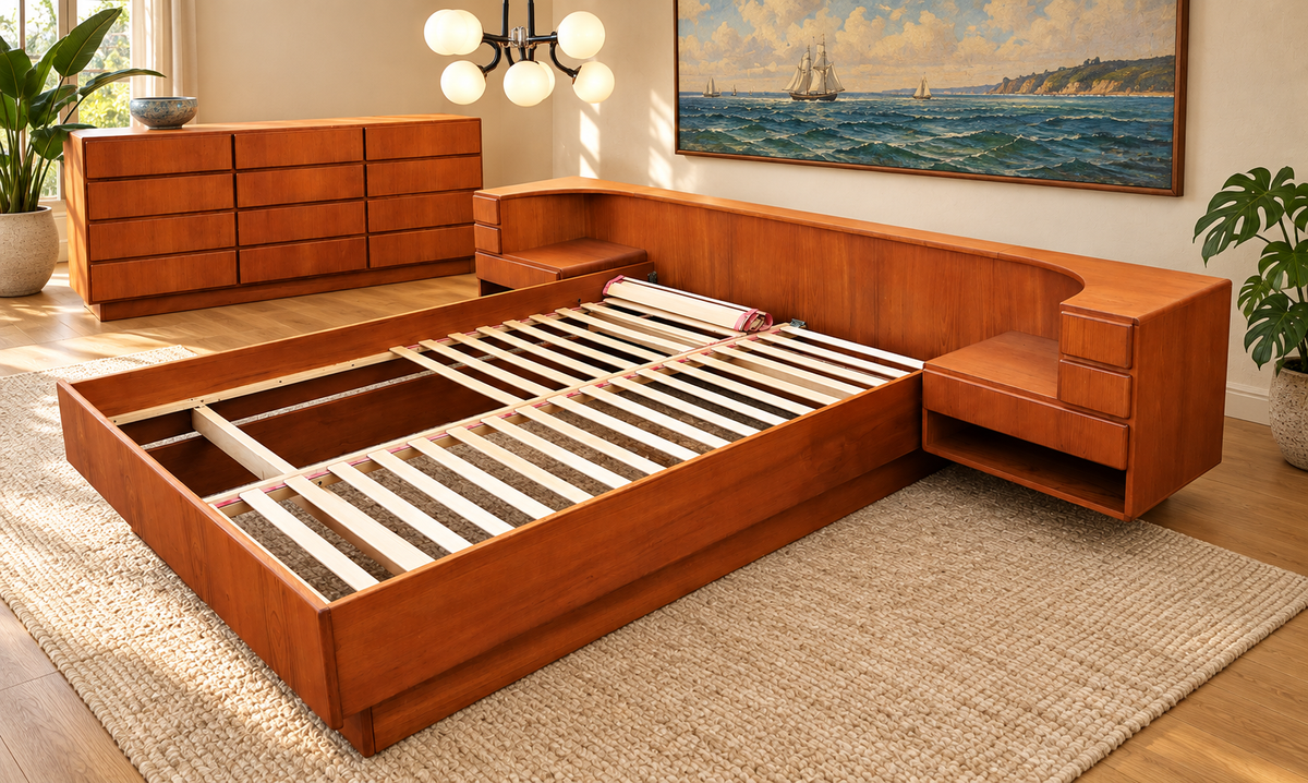 REFINISHED Danish MCM Floating Teak Bed  Queen size & Dresser by Komfort