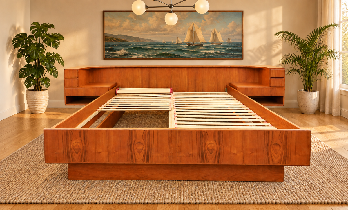 REFINISHED Danish MCM Floating Teak Bed  Queen size & Dresser by Komfort